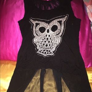 Black Owl Print Tank Top with Mesh Back